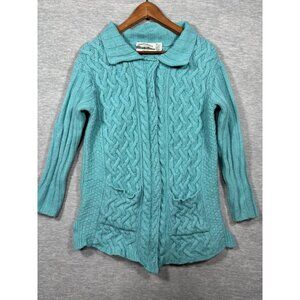 Aran Crafts Womens Sweater M Teal Cable Knit 100% Merino Wool Cardigan‎